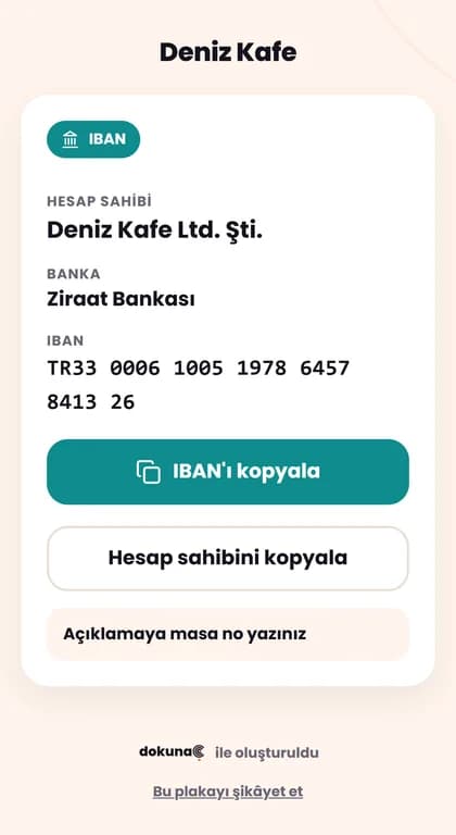 Müşterinin telefonunda açılan IBAN sayfası: hesap sahibi, banka, IBAN ve “IBAN'ı kopyala” butonu