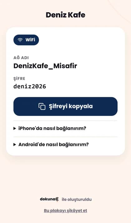 Müşterinin telefonunda açılan WiFi sayfası: ağ adı, şifre ve “Şifreyi kopyala” butonu
